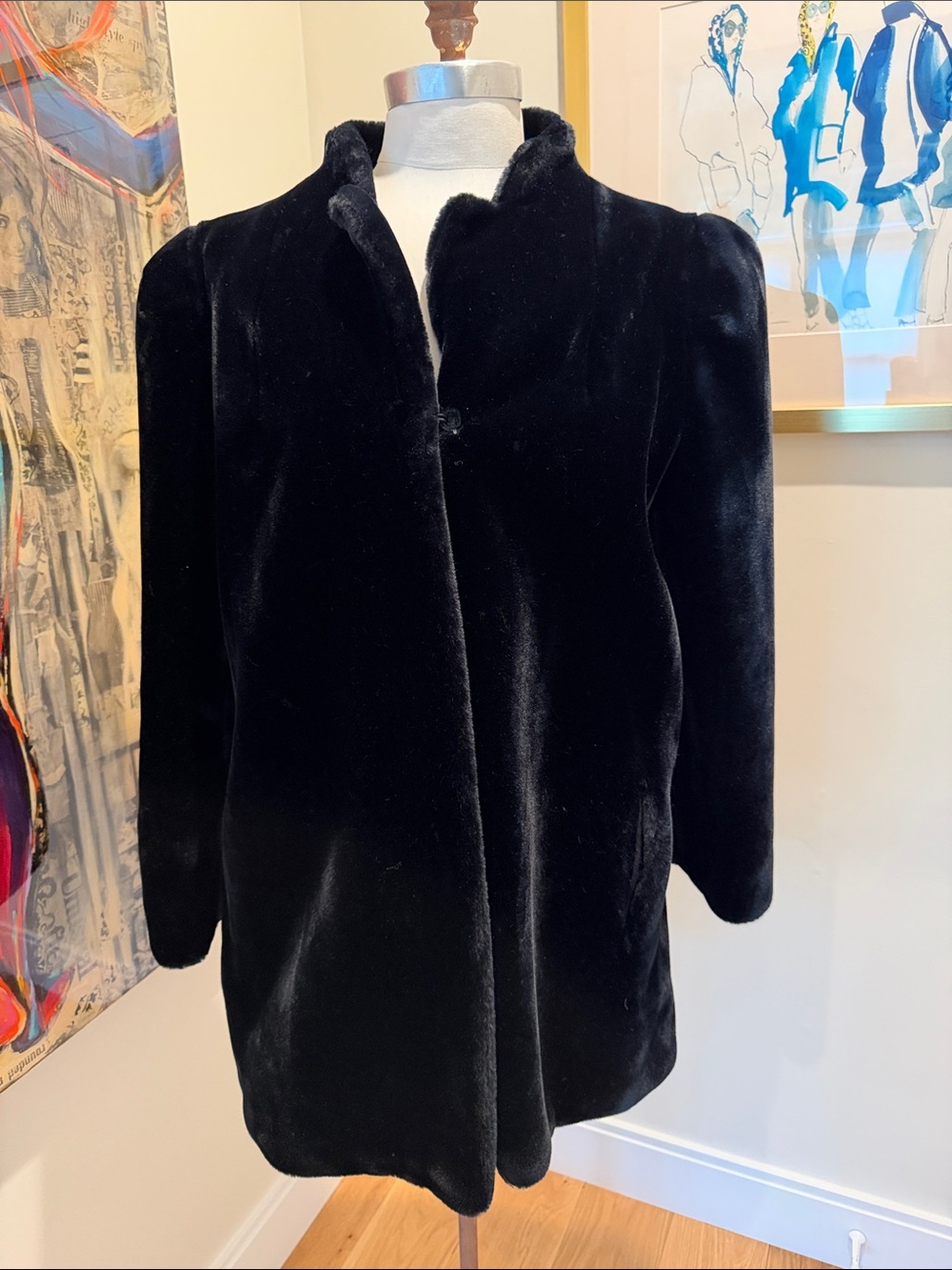 Black Faux Fur Coat with Hook & Eye Closure